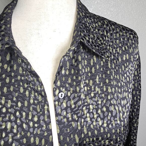 Liverpool Silky Button Up Collared Textured Black and Olive Green Top Small - Picture 3 of 11